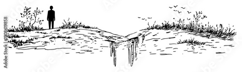 man standing near broken path in desolate field