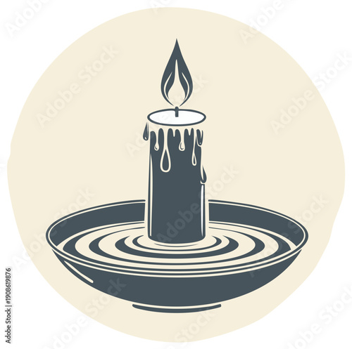 A solitary candle burns with dripping wax atop a water filled dish creating ripples of light and warmth in a calm setting.