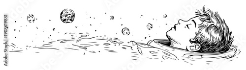 boy floating in space water surrounded by planets