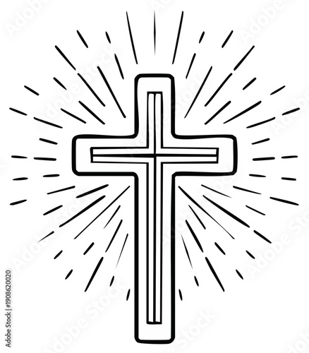 Christian cross with radiating lines symbolizing divine light and faith