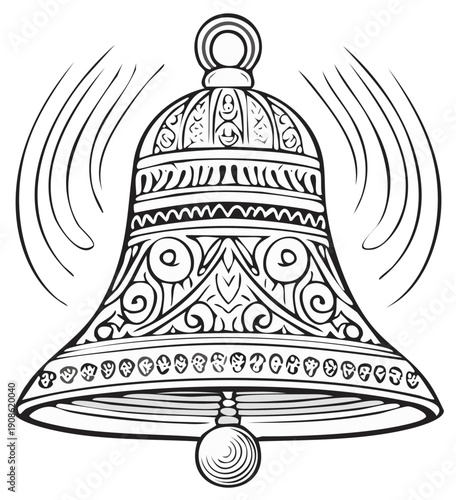 Ornamental Bell Ringing: Line Art Illustration of Decorated Metal Bell with Sound Waves