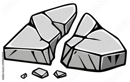 Broken grey rock cartoon vector illustration with cracks and rubble