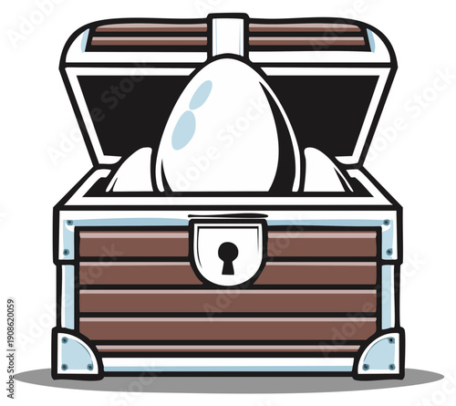 Cartoon wooden treasure chest overflowing with large, shiny white eggs, treasure concept.