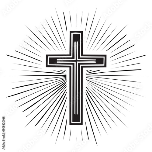 Stylized Christian Cross with Radiant Rays of Light Abstract Religious Symbol