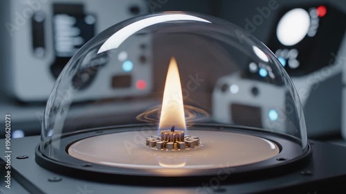 Close-up of a controlled flame burning inside a glass dome in a futuristic laboratory setting