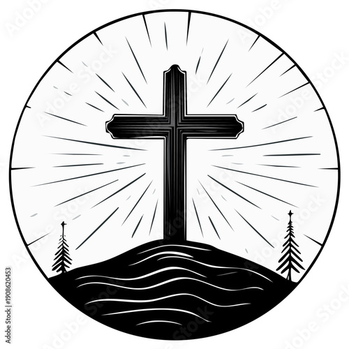 Classic Christian cross silhouetted atop a hill with radiant lines and evergreen trees within a circular frame