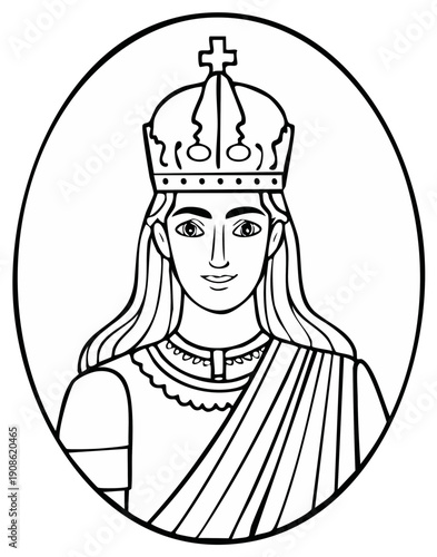 Line Art Portrait of a Crowned Figure Illustration for Coloring and Religious Themes