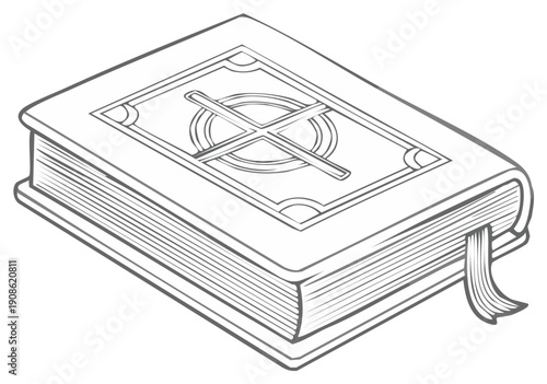 Outline illustration of an old book with a cross symbol on the cover and a ribbon bookmark