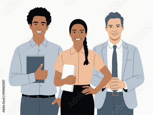 Smiling diverse professionals with book and notebook, looking confident for success
