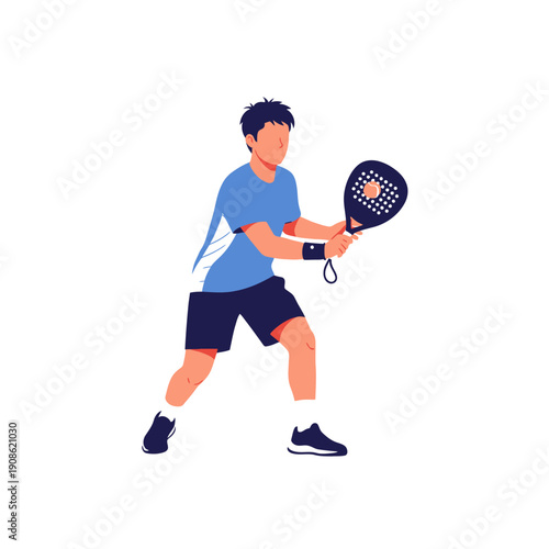 Young man playing padel tennis, holding racket, ready to hit ball, sports concept