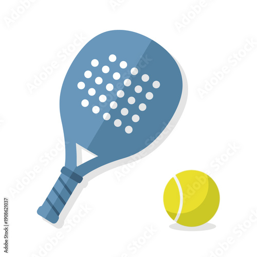 Blue padel racket and yellow ball on white background, sports equipment illustration