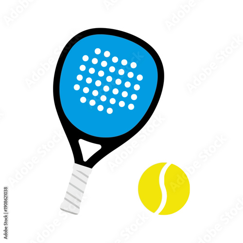 Blue padel racket and yellow ball on white background, sports equipment illustration