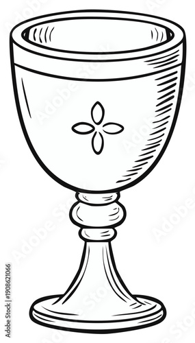 Elegant hand drawn chalice goblet line art illustration featuring sacred religious emblem and classic design