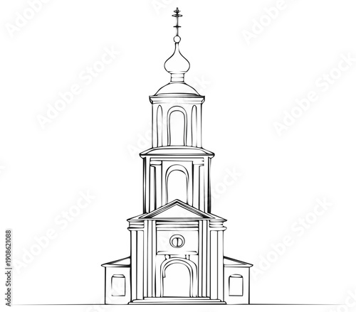 Architectural line art illustration of a traditional Orthodox church bell tower