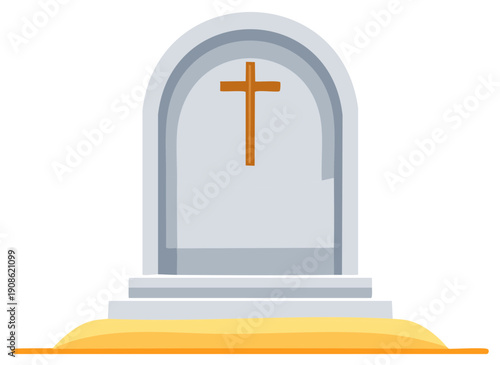 Minimalist arched gravestone with orange Christian cross on earth mound, remembrance and funeral symbol illustration