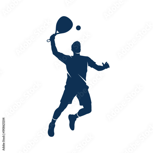 Silhouette of a man playing tennis, jumping to hit the ball with a racket