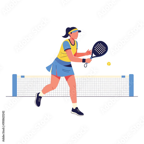 Woman playing padel tennis, hitting ball over net, active sport lifestyle, outdoor recreation