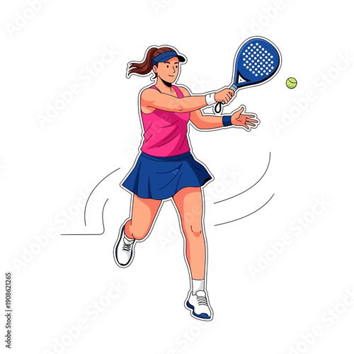 Woman playing padel tennis, hitting ball with racket, dynamic action shot, sports lifestyle