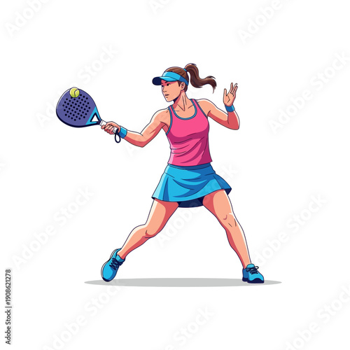 Woman playing padel tennis, hitting ball with racket, dynamic action shot