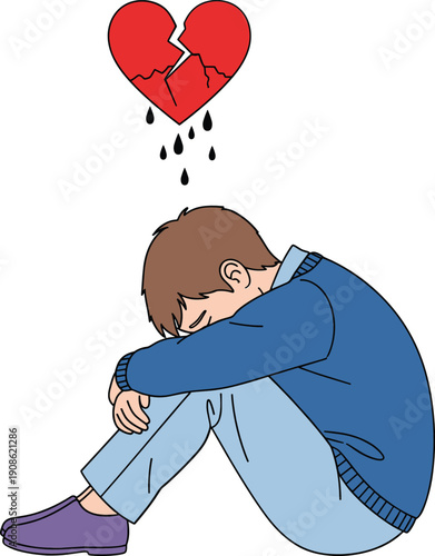 Sad person sitting with broken heart emotional distress vector illustration mental health concept