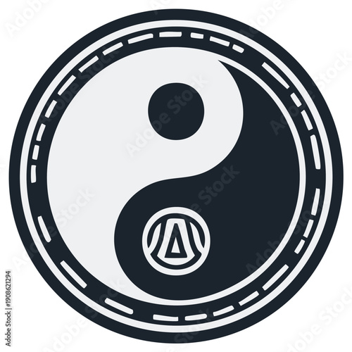 Classic Yin Yang Symbol with Circle Border and Inner Geometric Design
