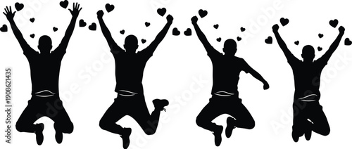 Silhouettes of happy people jumping for joy with small hearts, celebrating love, success, and positive emotions on a white background. (20 words)