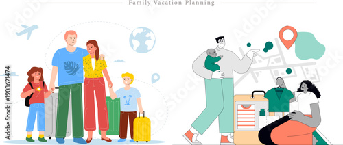 Premium Family Vacation Planning Illustration Group Travel with Suitcases, Map and Packing Flat Vector