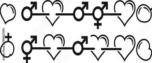Gender Equality and Relationship Icon Set, Male Female Diversity Symbols, Romantic Heart Connection, Human Rights Unity, LGBTQ Inclusion, Identity Label