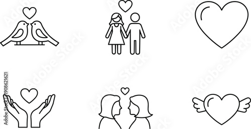 Love and Romance Icon Set, Valentines Day Wedding Anniversary Symbols, Couple Relationship Heart Shape, Love Birds Togetherness, Romantic Partnership Label