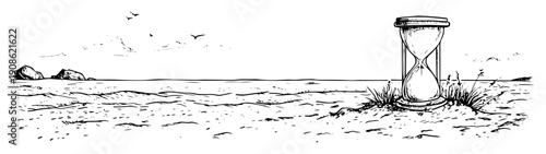 hand drawn hourglass on beach sketch illustration