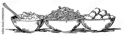 hand drawn bowls with asian food sketch illustration