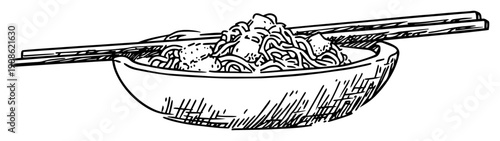 hand drawn bowl of noodles with chopsticks sketch