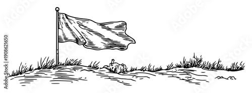 hand drawn flag on pole in field sketch