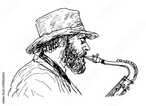 hand drawn man playing saxophone sketch illustration