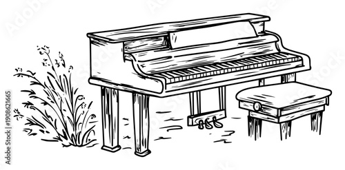 hand drawn upright piano with stool sketch