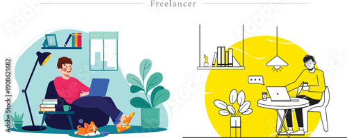 Premium Freelancing Lifestyle Illustration Remote Home Office with Online Course, Cat and Coffee Flat Vector