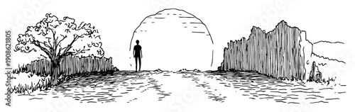 hand drawn man walking at sunset sketch illustration