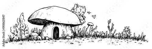 hand drawn mushroom house sketch illustration