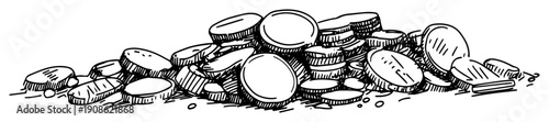 hand drawn pile of coins sketch illustration