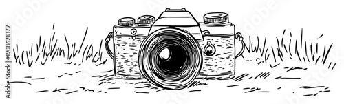 hand drawn vintage camera sketch illustration