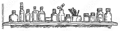 hand drawn bottles on shelf sketch illustration