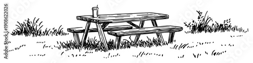 hand drawn picnic table sketch illustration