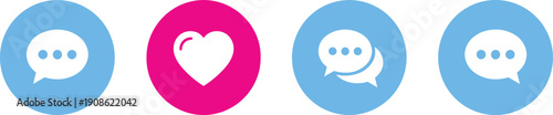 Social Media Communication and Messaging Icon Set, Speech Bubble Chat Notification, Heart Like Button, Digital Interaction, Online Feedback, Comment Symbol