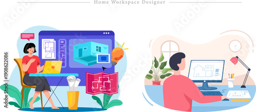 Premium Home Workspace Designer Illustration Interior Design, 3D Modeling and Architectural Blueprint Flat Vector