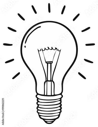 Hand Drawn Illustration of a Glowing Light Bulb with Rays of Light