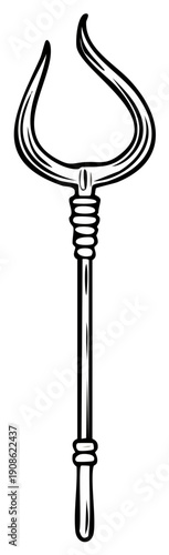 Antique Metal Fireplace Poker with Curved Prongs Line Art Illustration