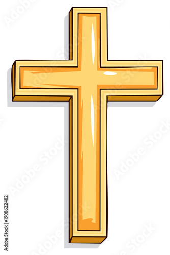 Golden Christian Cross Religious Symbol with Shadow