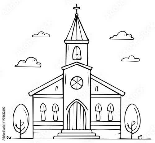 Simple Line Drawing of a Church with a Tower and Trees