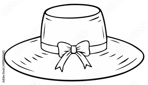 Elegant wide brim hat with a decorative bow in a simple line art drawing