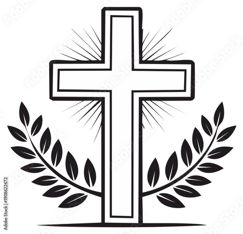 Religious cross symbol with light rays and laurel wreath a Christian sign of faith salvation and hope in a minimalist vector illustration